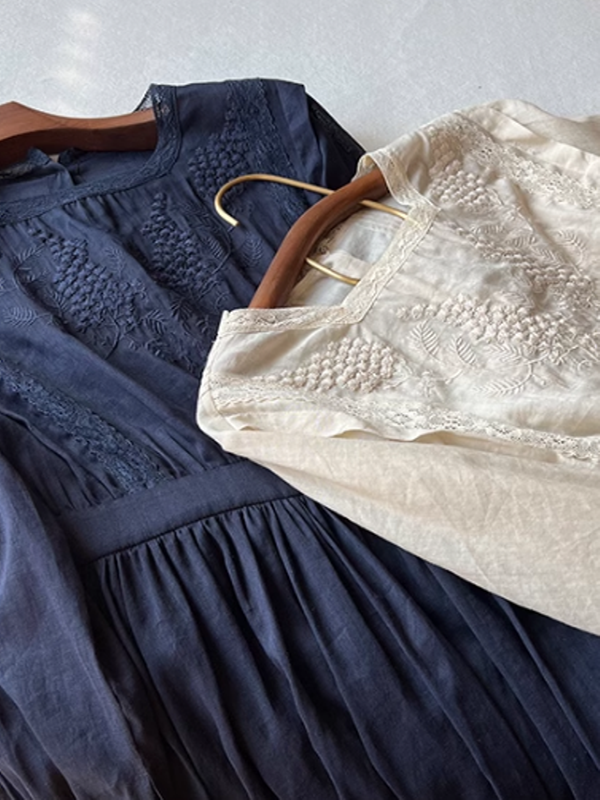 Classic Linen Blossom Embroidered Dress