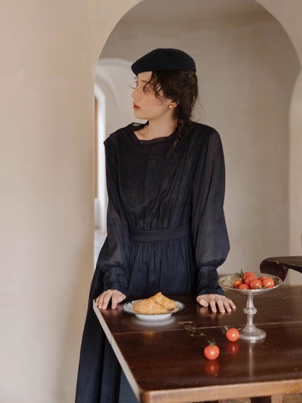 Classic Linen Blossom Embroidered Dress