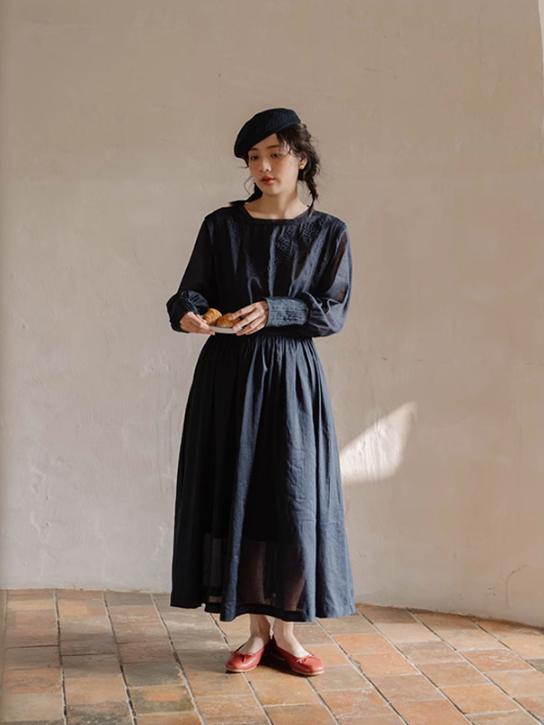 Classic Linen Blossom Embroidered Dress
