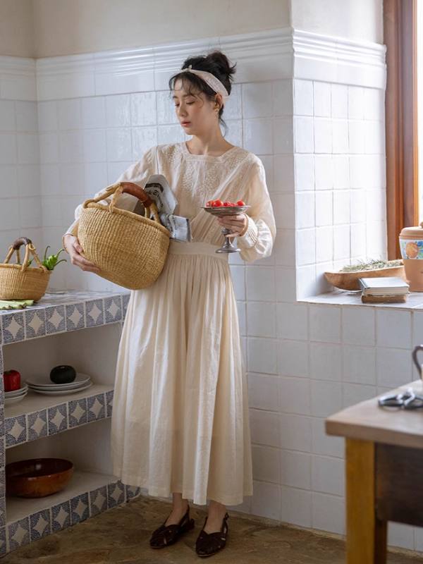 Classic Linen Blossom Embroidered Dress