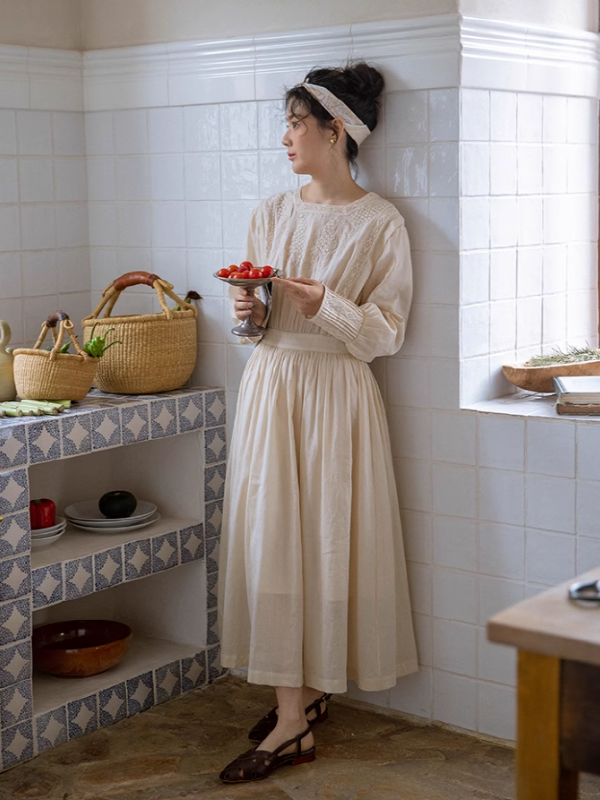 Classic Linen Blossom Embroidered Dress
