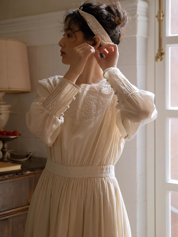 Classic Linen Blossom Embroidered Dress