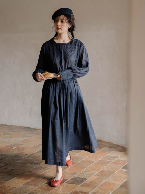 Classic Linen Blossom Embroidered Dress