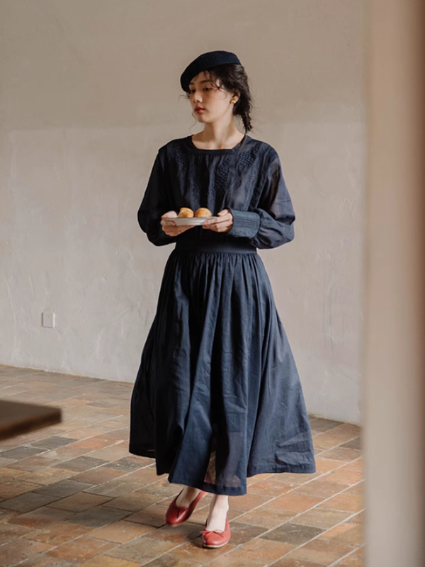 Classic Linen Blossom Embroidered Dress