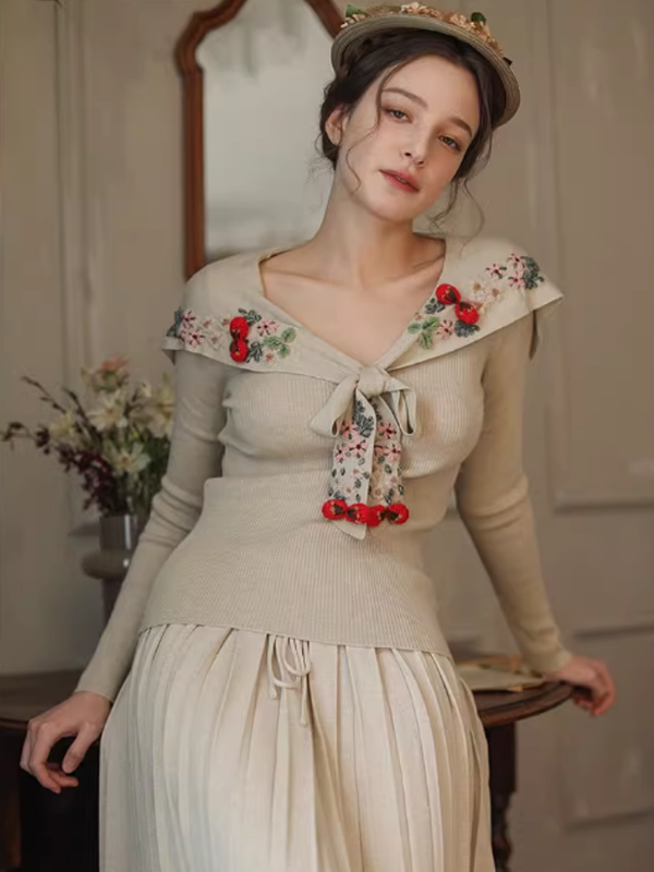 Retro Soft Knit with Floral Embroidery
