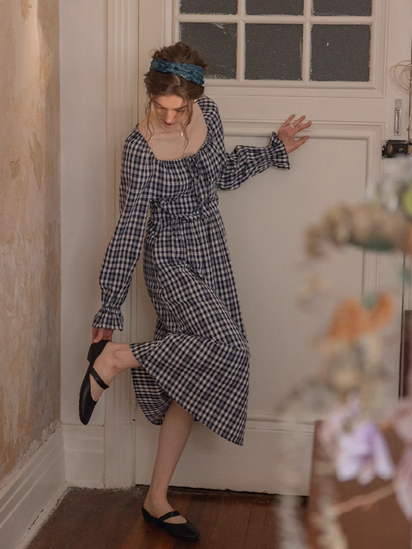 Classic Checkered Ribbon-Strap Dress