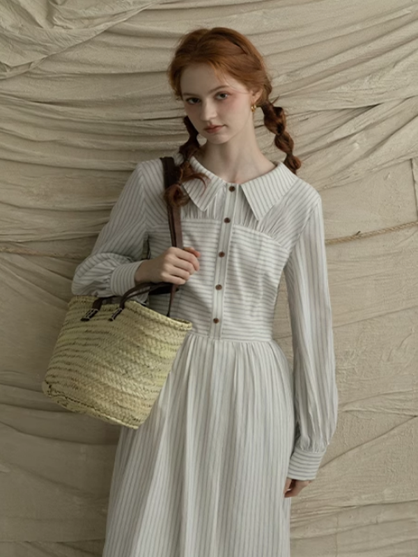 French Elegance Striped Cotton V-Neck Dress