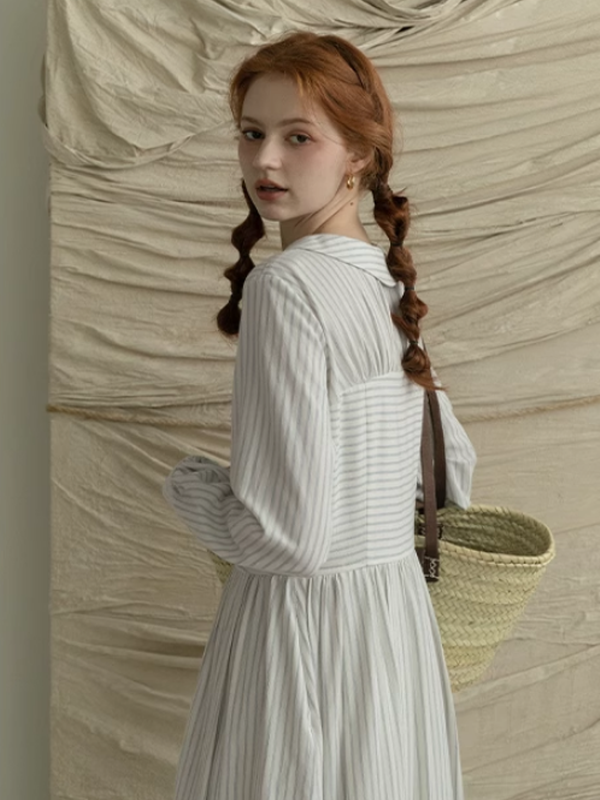 French Elegance Striped Cotton V-Neck Dress