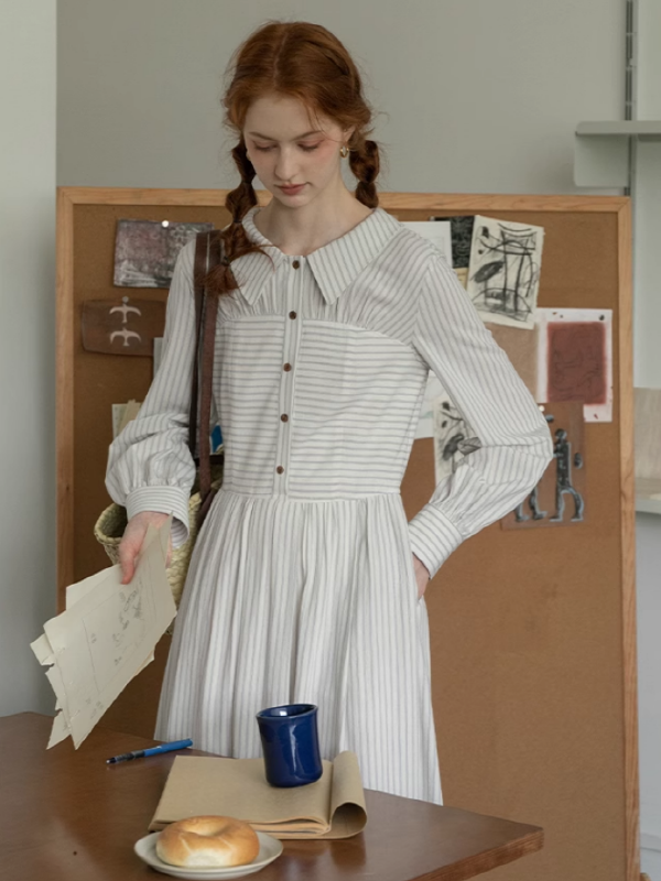 French Elegance Striped Cotton V-Neck Dress