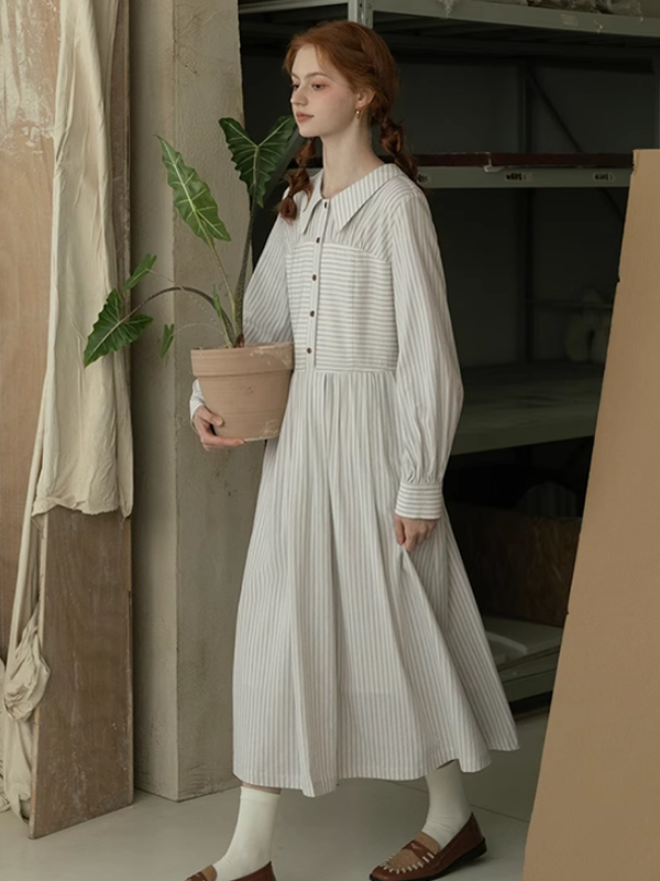 French Elegance Striped Cotton V-Neck Dress