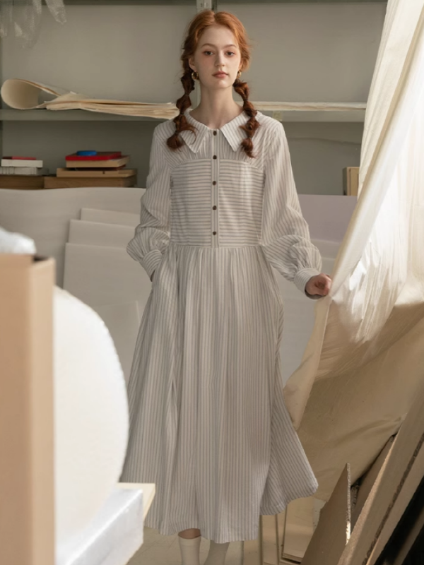 French Elegance Striped Cotton V-Neck Dress