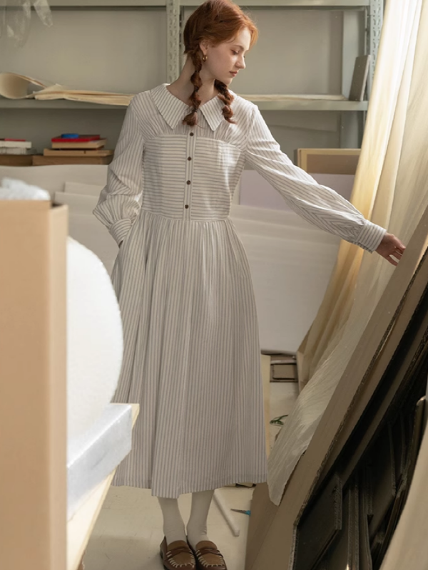 French Elegance Striped Cotton V-Neck Dress