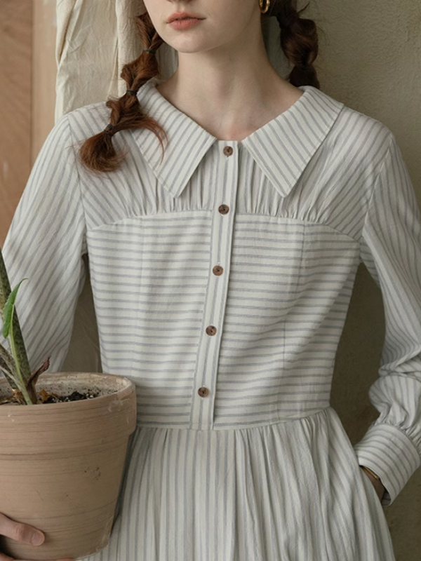 French Elegance Striped Cotton V-Neck Dress