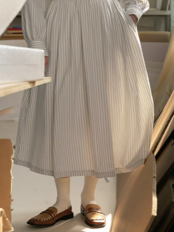 French Elegance Striped Cotton V-Neck Dress