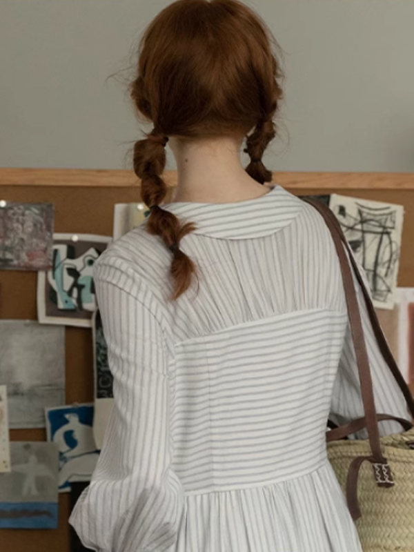 French Elegance Striped Cotton V-Neck Dress