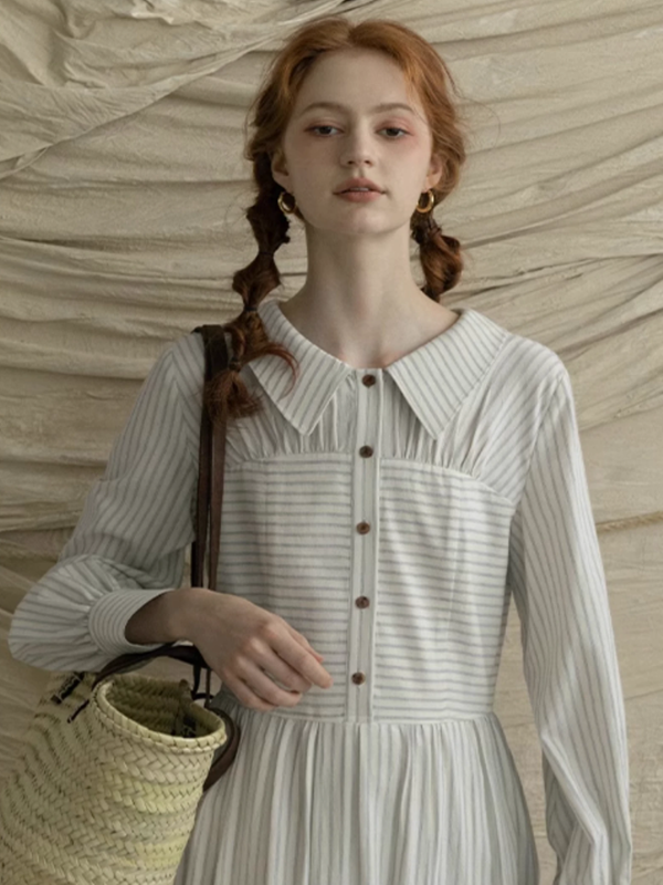 French Elegance Striped Cotton V-Neck Dress