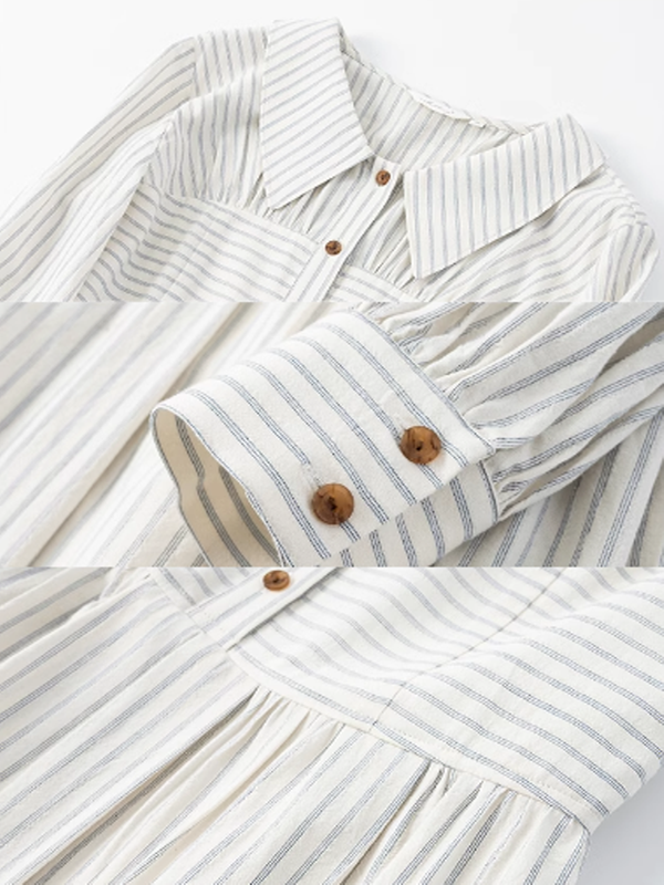 French Elegance Striped Cotton V-Neck Dress