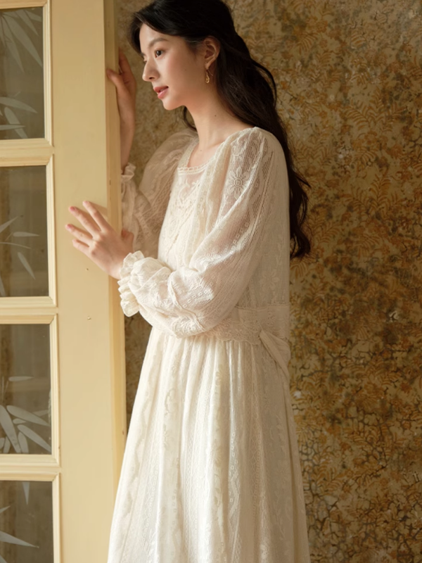 Graceful Beige Lace Enchantment Dress