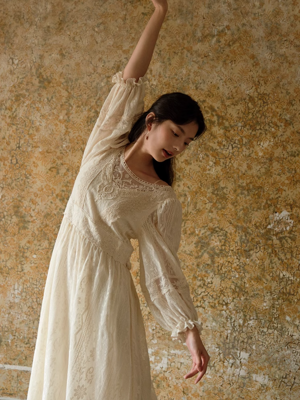 Graceful Beige Lace Enchantment Dress