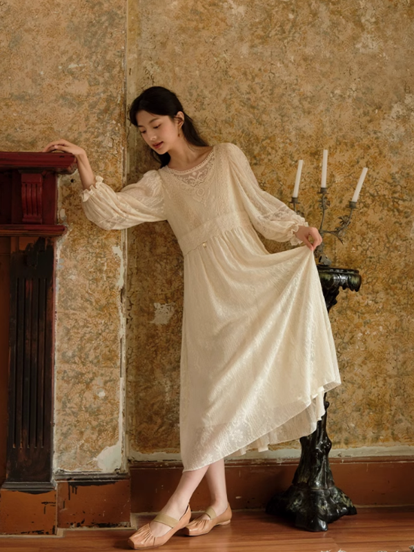 Graceful Beige Lace Enchantment Dress