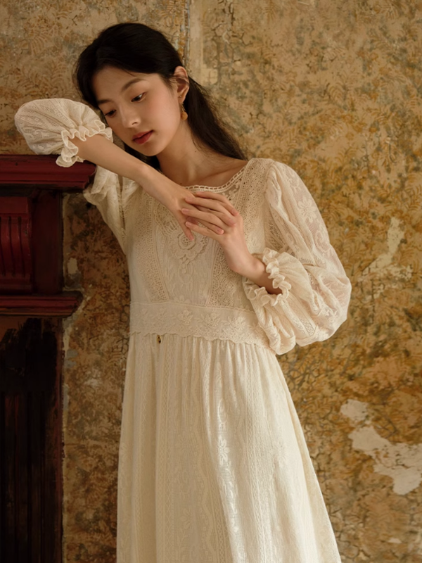 Graceful Beige Lace Enchantment Dress