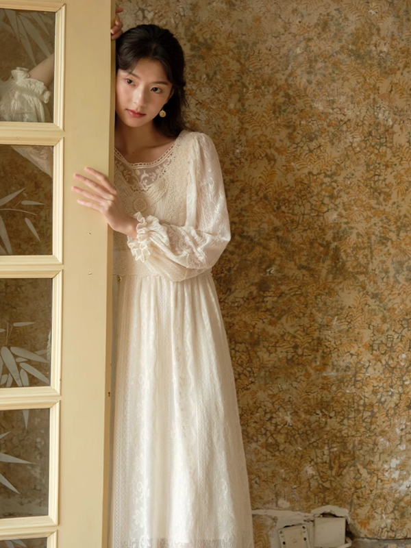 Graceful Beige Lace Enchantment Dress