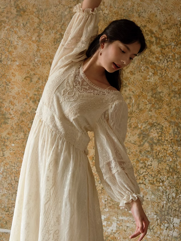 Graceful Beige Lace Enchantment Dress