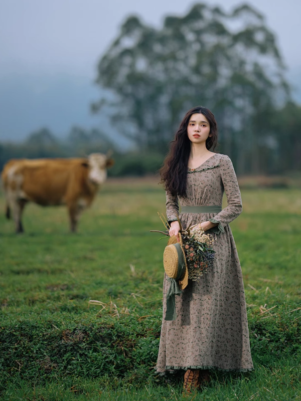 Whispering Meadow Floral Dress with Green Frill