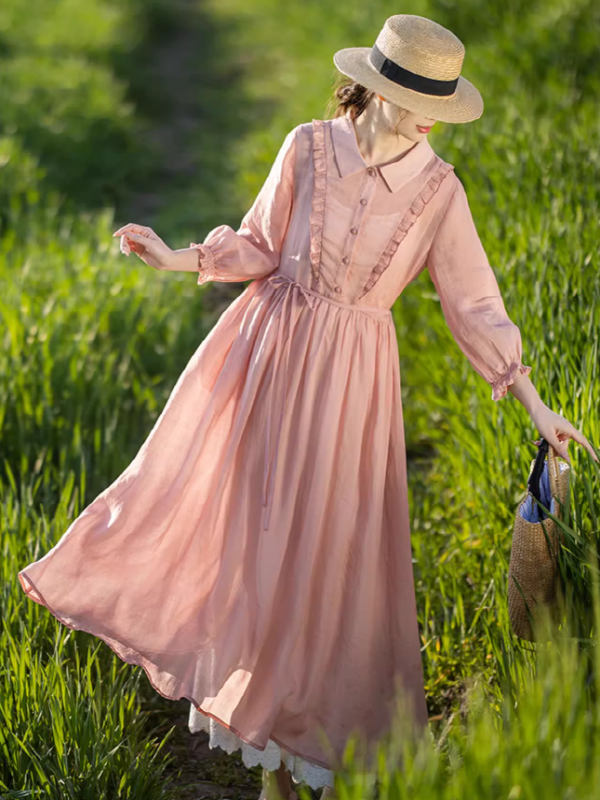 whisper long sleeve dress Spring Whisper Classic Pink Ramie Dress Light Pink / L