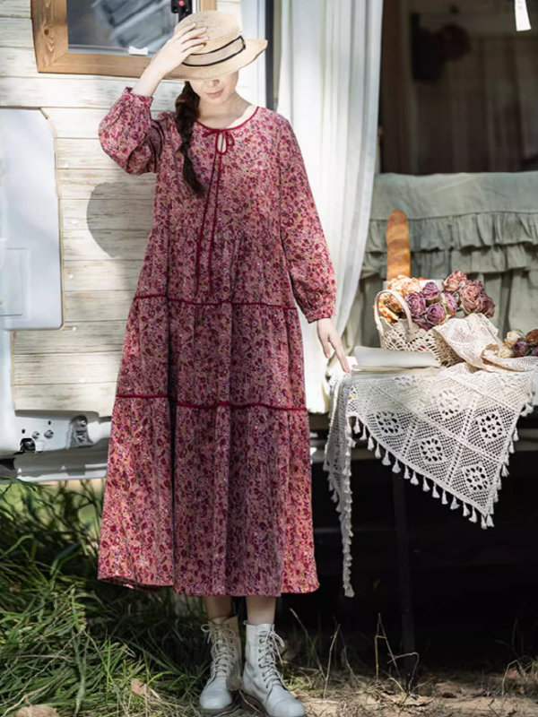 Pink Corduroy Floral Long Dress Pink Corduroy Floral Long Dress