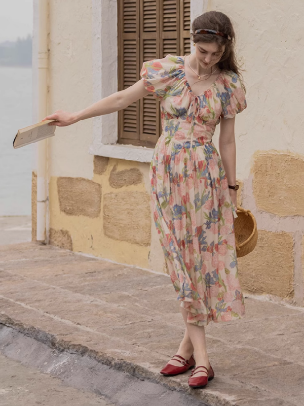 French Style Flower Printed Dress Floral / M
