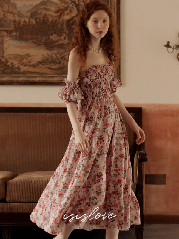 Vintage Pink Flower Off-Shoulder Dress