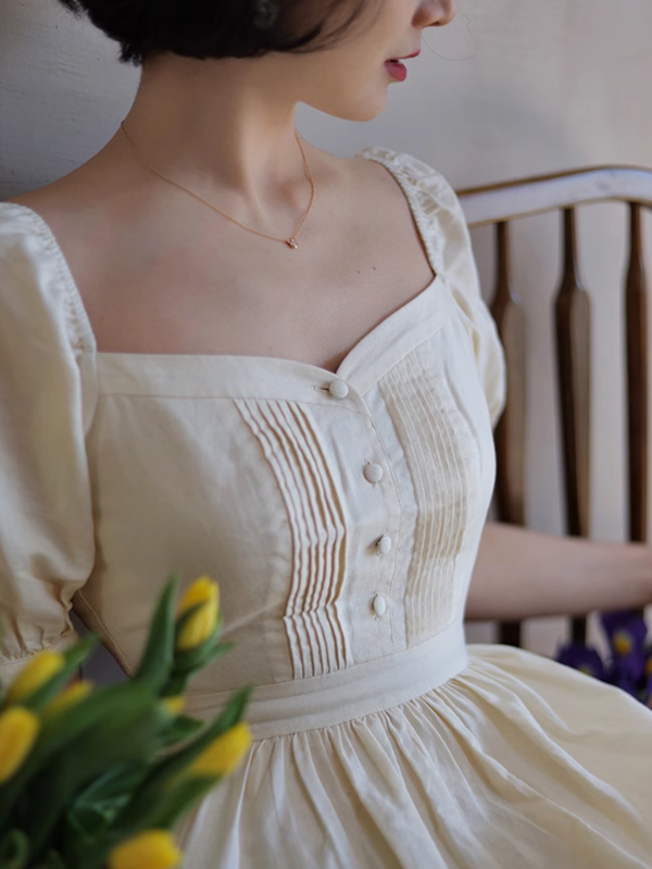 chinese dress ladies WHITE LINEN SQUARE-NECK FIT & FLARE DRESS