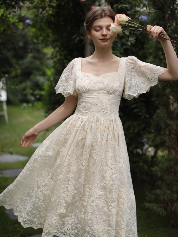 Ivory Garden Floral Embroidery Dress