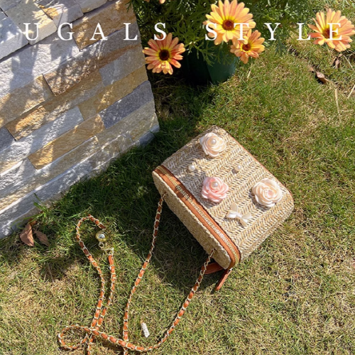 Flower Straw Woven Square Chain Bag