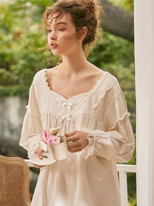 Vintage Soft Lace Cotton Pajama Set White / L