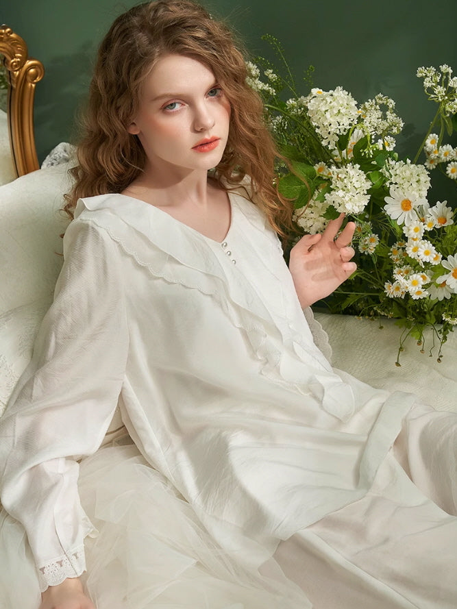 Elegant Ruffled Lace-Trim Pajama Set