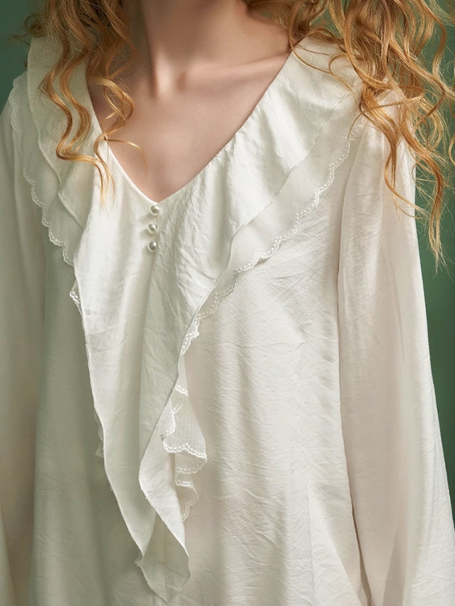 Elegant Ruffled Lace-Trim Pajama Set