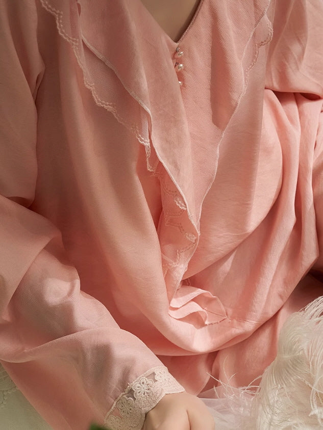 Elegant Ruffled Lace-Trim Pajama Set