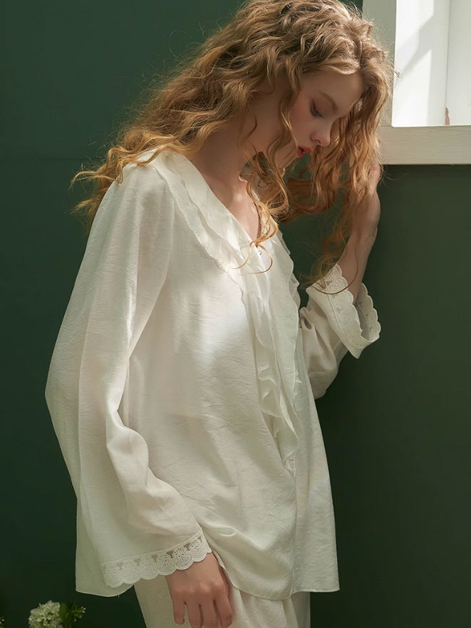 Elegant Ruffled Lace-Trim Pajama Set