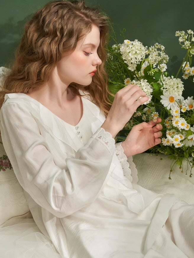 Elegant Ruffled Lace-Trim Pajama Set