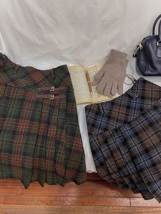 Vintage Wool Plaid Buckle Blue Checkered Skirt