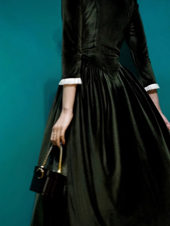 Ruffled Trim Royal Green Velvet Vintage Dress