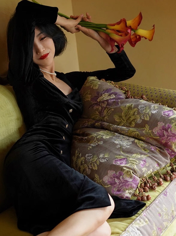 Elegant Black Velvet Dress with Gold Accents