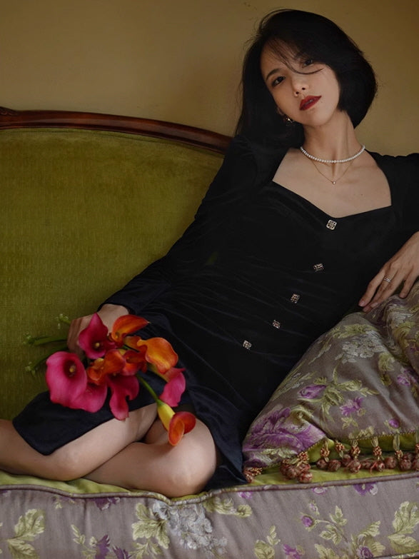 Elegant Black Velvet Dress with Gold Accents