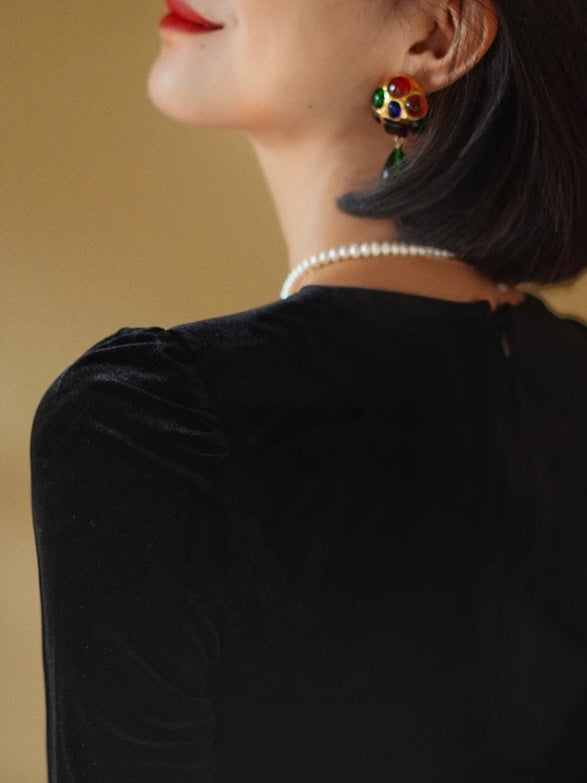 Elegant Black Velvet Dress with Gold Accents