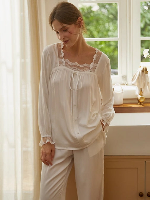 Romantic Cottagecore Lace-Trimmed Cotton Pajamas Set