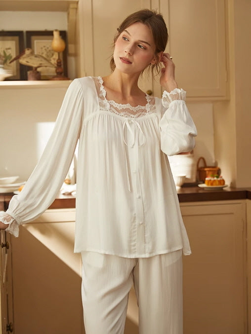 Romantic Cottagecore Lace-Trimmed Cotton Pajamas Set