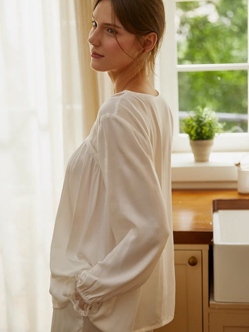 Romantic Cottagecore Lace-Trimmed Cotton Pajamas Set