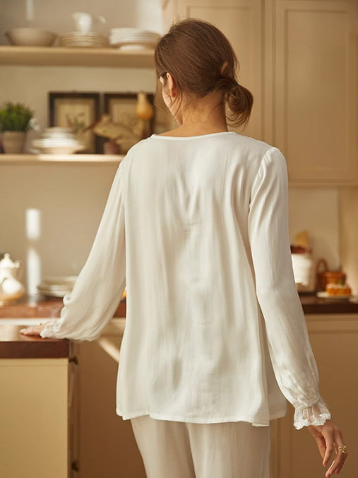 Romantic Cottagecore Lace-Trimmed Cotton Pajamas Set